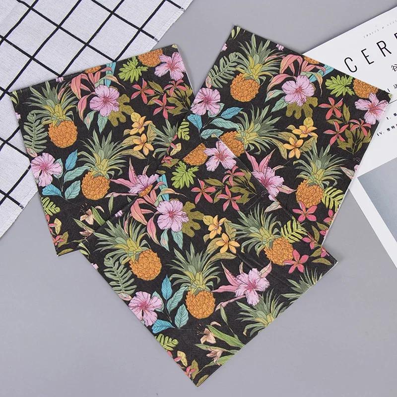 Pineapple Party Napkins, 33cm 2-Ply Black Background with Colorful Tropical Fruits & Flowers, Symmetrical Kaleidoscope Print for Holiday Summer Decor