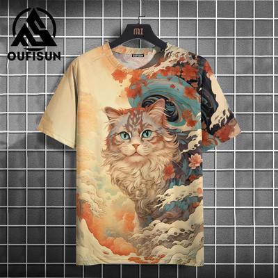 Men's T-Shirt Japanese Style Ukiyo-E Cat Pattern Printed T-Shirts Casual Short Sleeved Tees.Oversized Men's Clothing Tops Summer