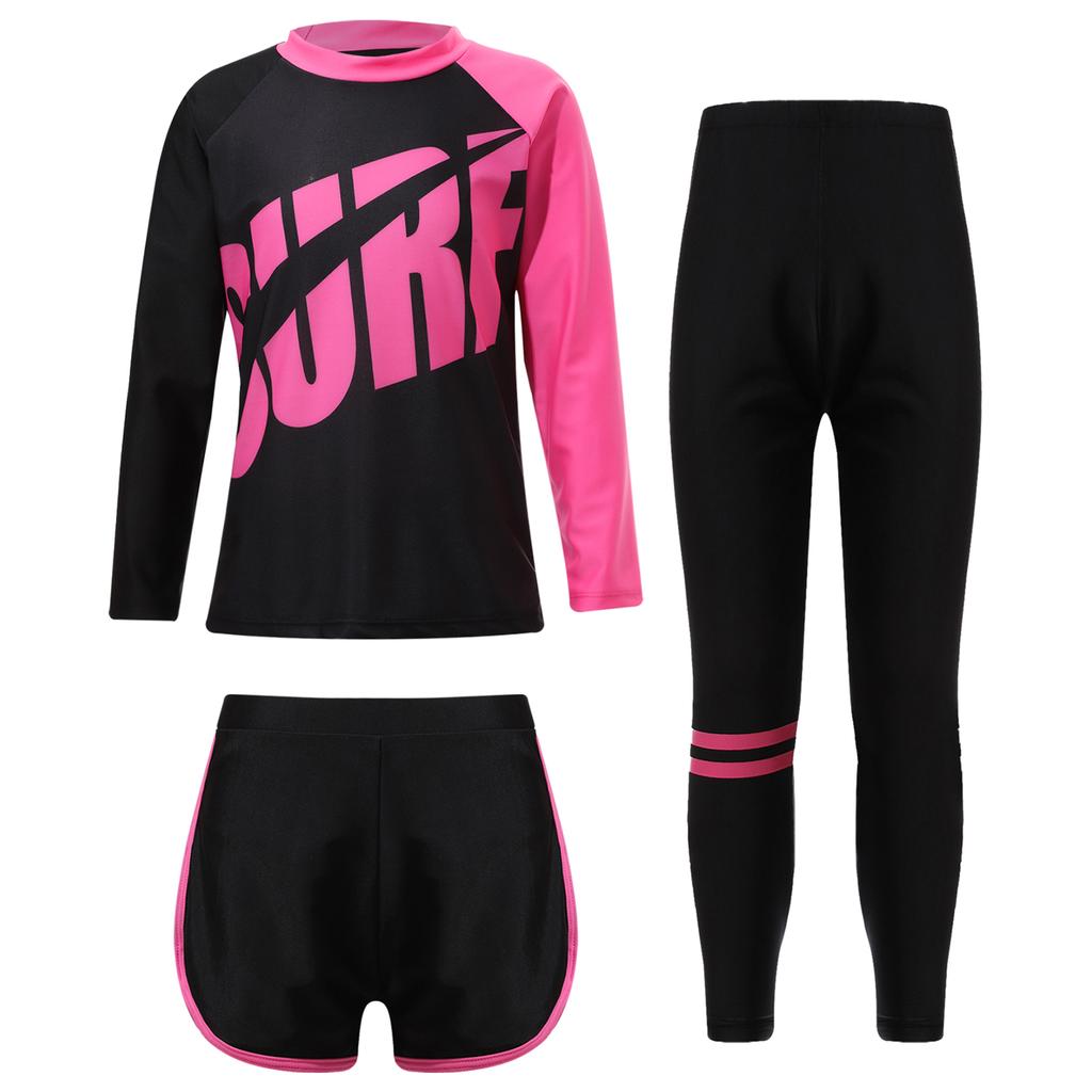Unisex 3-teiliges Schwimmset Langarm Rashguard Oberteil Badeshorts UV-Schutz Hose Sonnensichere Bademode