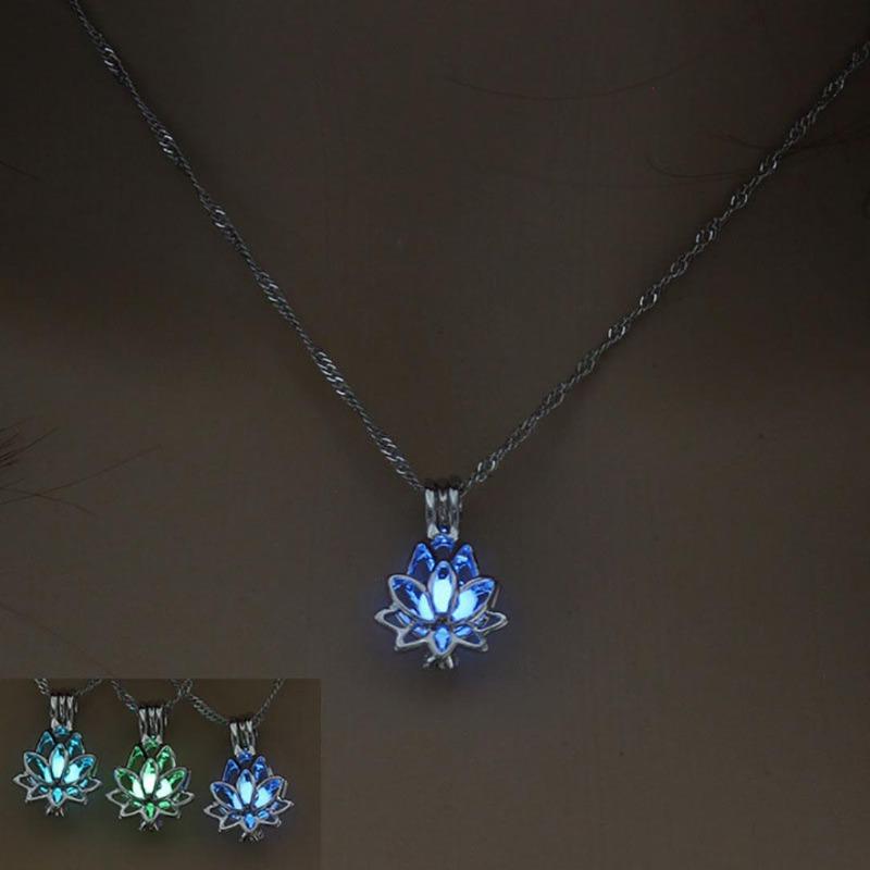 Creative Hollowed Lotus Glow In The Dark Pendant Necklace Luminous Jewelry Chain