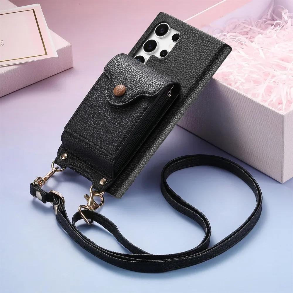 

Кожаный кошелек-кроссбоди с держателем для карт, чехол для телефона для Samsung S23 S22 Plus S25 S24 Ultra A56 A36 A26 A16 A06 A55 A35 Galaxy S25 Ultra чёрный