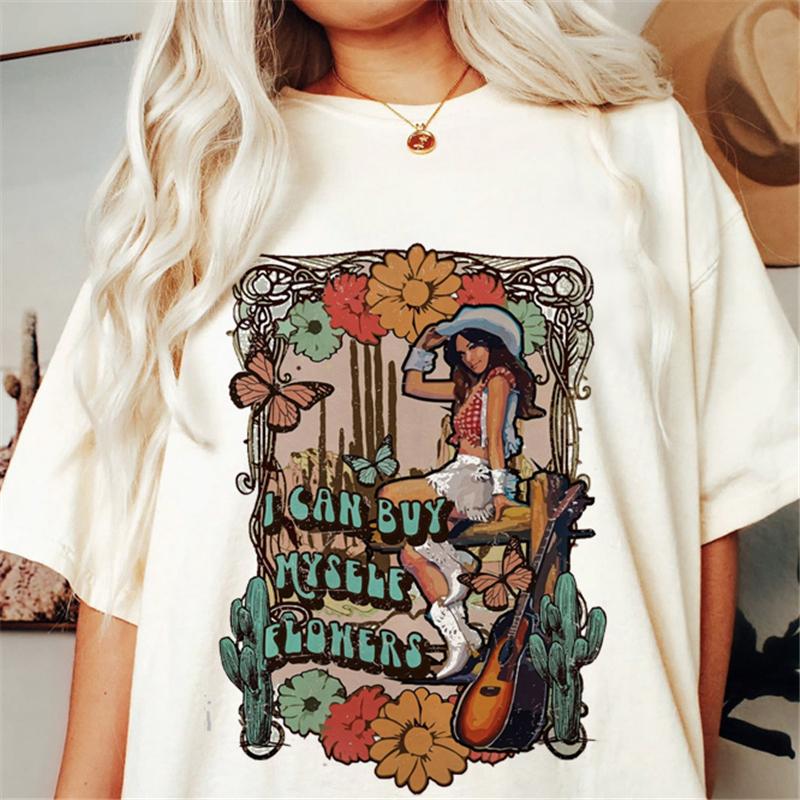 Western Denim Print T-shirt Plus Size Women Pure White Clothing Casual Trendy Short Sleeve Female O-Neck Oversize Tees