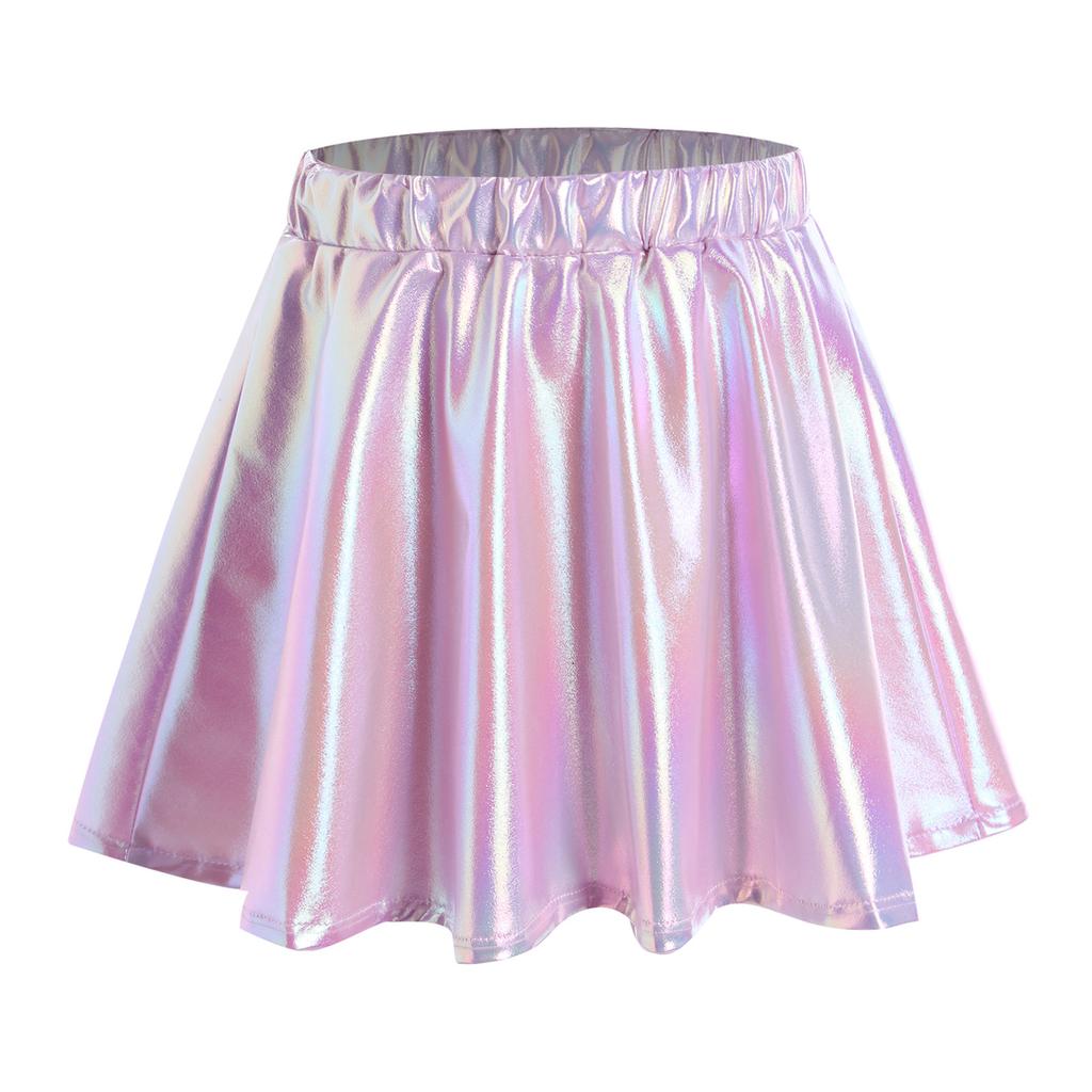 Girls Metallic Shiny Dance Skirt Elastic Waist A Line Miniskirt for Cheerleading Stage Performance