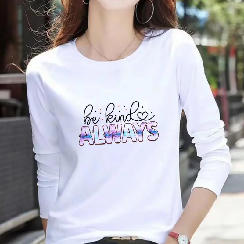 Women's Casual Heart Letter Print Long Sleeve Round Neck T-shirt for Spring & Autumn