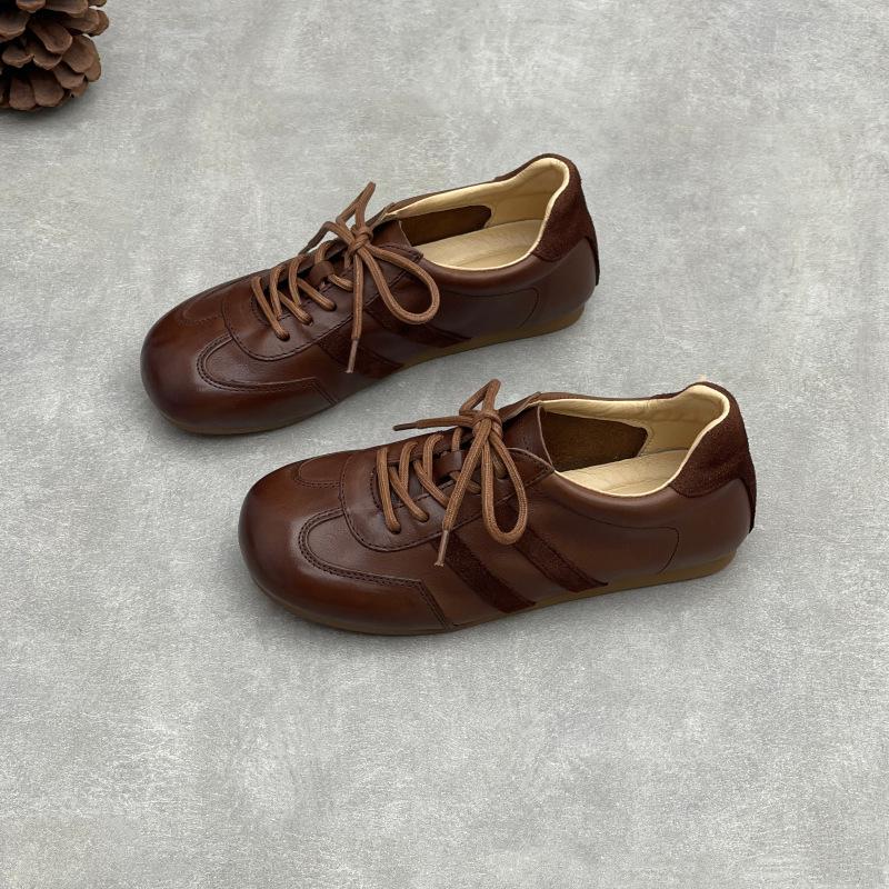 Autumn leather single shoes hand-polished lace-up casual shoes flat soft cowhide casual moral training women's shoes