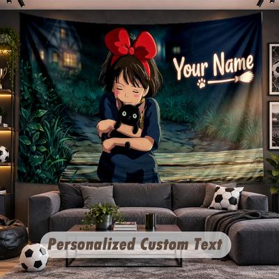Kiki's Delivery Service Jiji Personalized Tapestry Support Custom Name, Wall Art Home Decoration