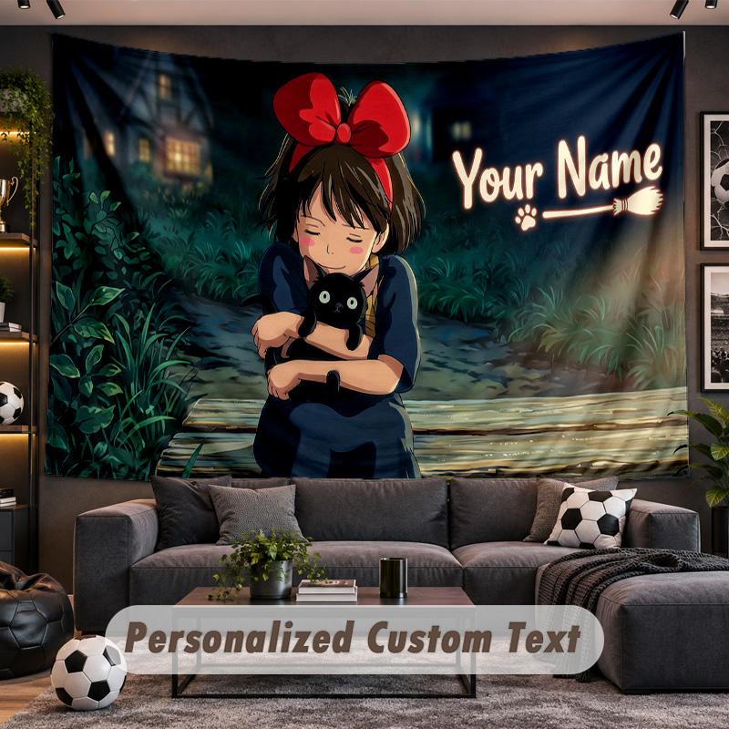 Kiki's Delivery Service Jiji Personalized Tapestry Support Custom Name, Wall Art Home Decoration