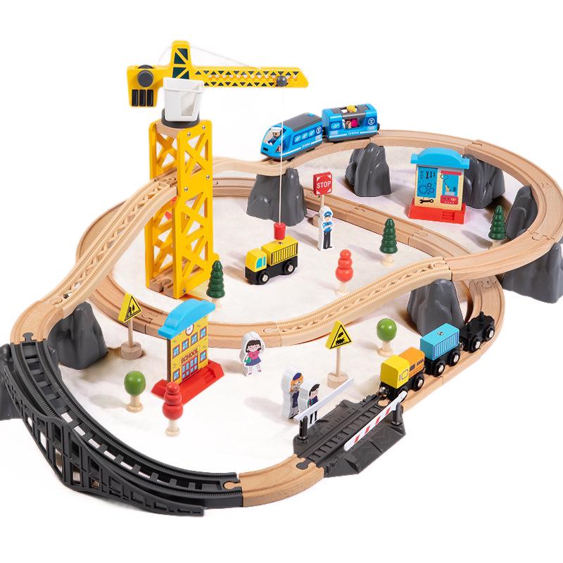 Wooden Train Toy Set with Tower Crane for Kids - Educational Assembly Playset