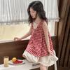 Girls Summer Plaid Sleeveless Dress Korean Cute Strap Dress for Big Kids