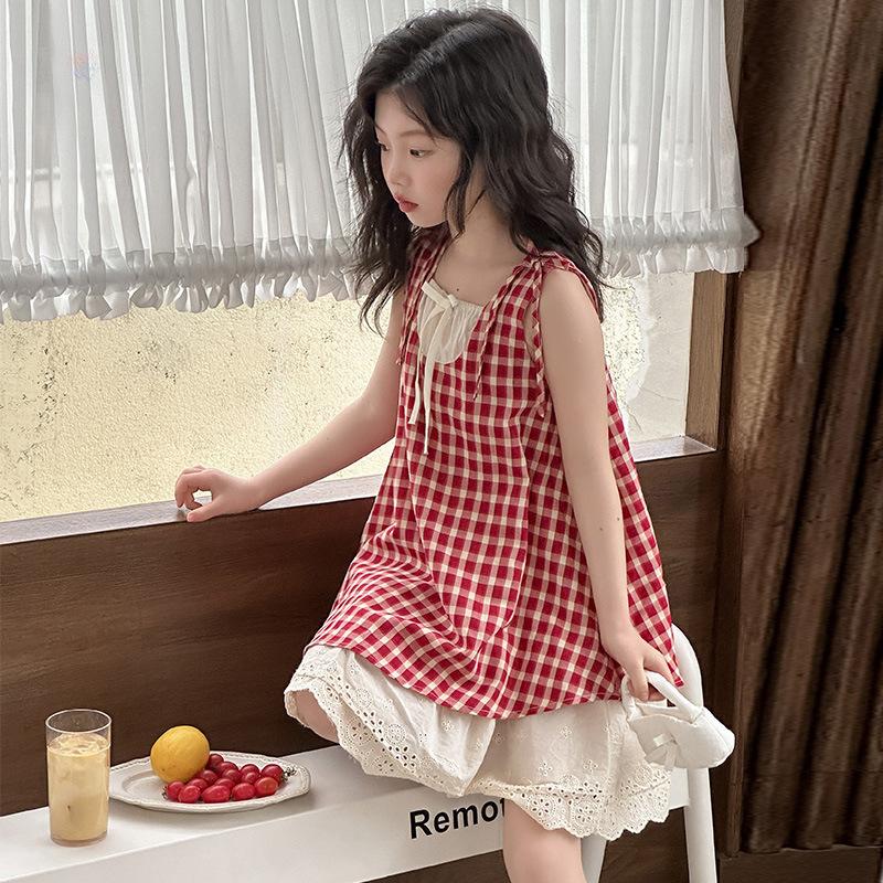 Girls Summer Plaid Sleeveless Dress Korean Cute Strap Dress for Big Kids 90