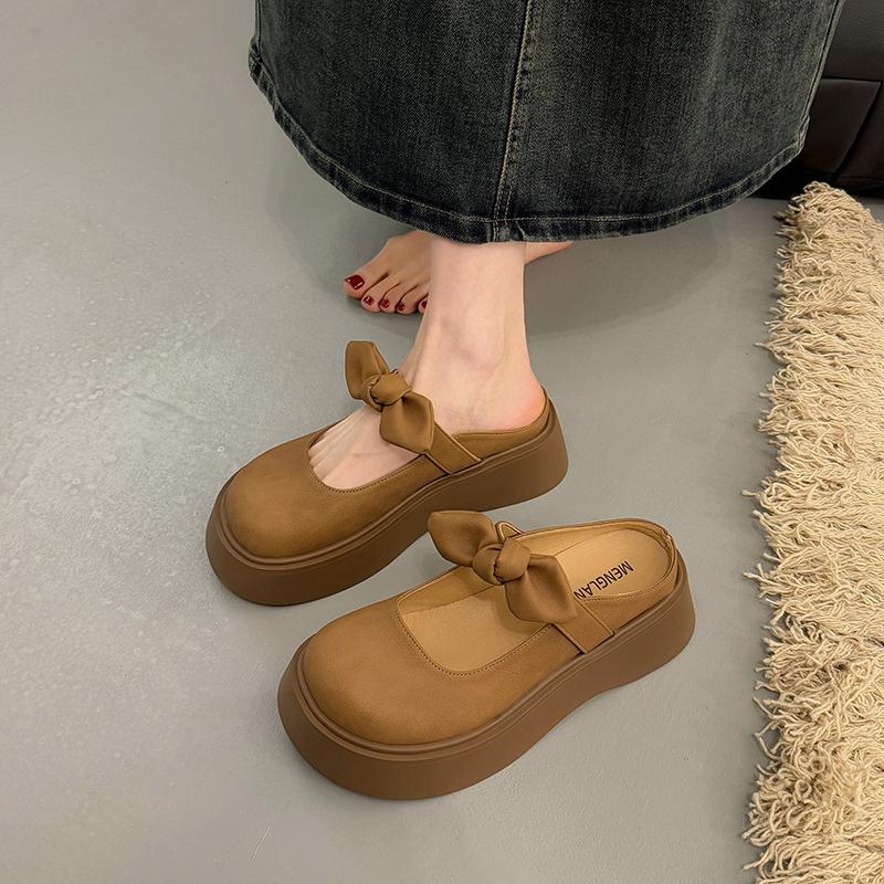 Chinelos de meia sola com laço e sola grossa para mulheres, para uso externo, novidade primavera-verão 2025, sandálias francesas Mary Jane de um pedal