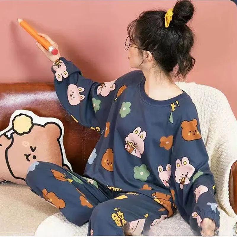 

Пижама с длинными рукавами женская осенне-зимняя милая студентка может носить костюм из двух частей домашняя одежда цветы мультяшный белый крокодил XXL синий