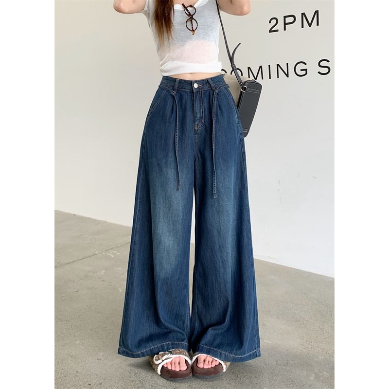 

Kumikumi American Retro Drawstring Loose Denim Women Fall High Waist Slimming All-Matching Loose Pants Mop Pants Dark Blue XL