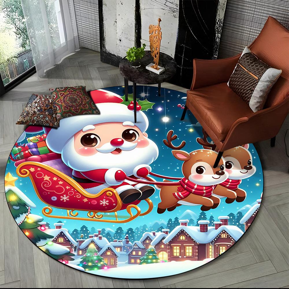 Merry Christmas Cartoon Santa Claus Snowman New Year Round Carpet Rug for Bedroom Living Room Sofa Decoration,Decor Floor Mat