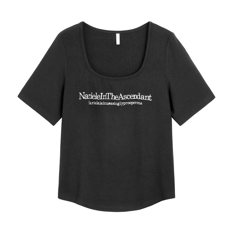 Plus Size Square Neck Embroidered Slim Fit Irregular Summer Top for Women