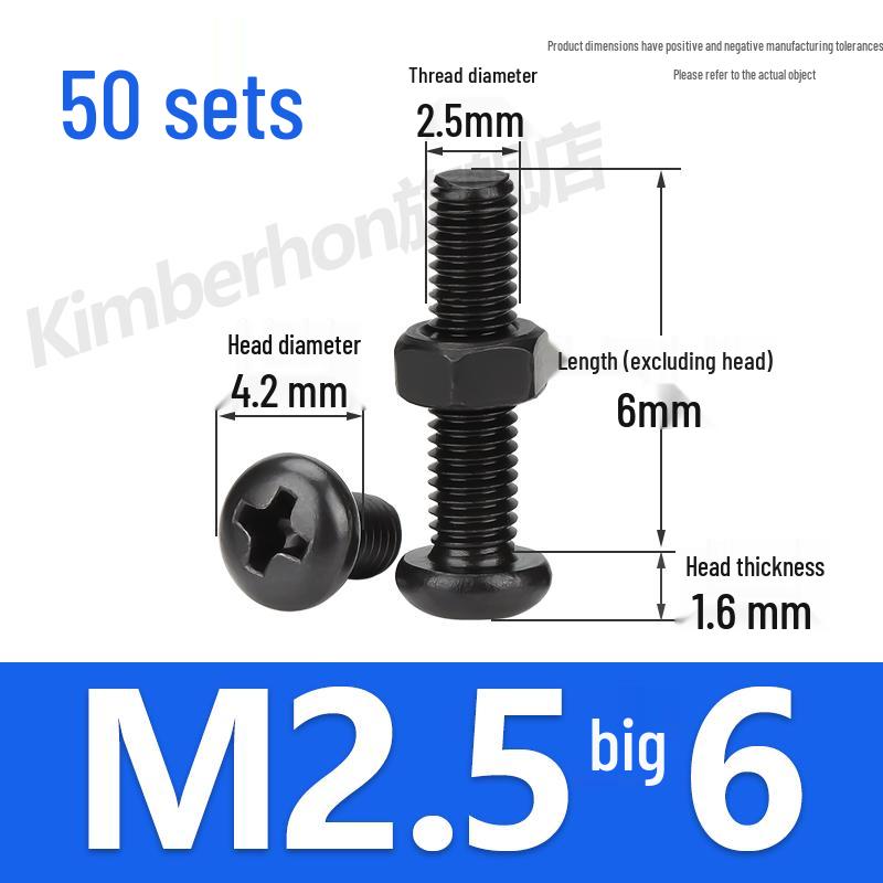 Complete Set of Black 304 Stainless Steel Phillips Round Head Screws and Nuts - M2M3M4M5M6MM.