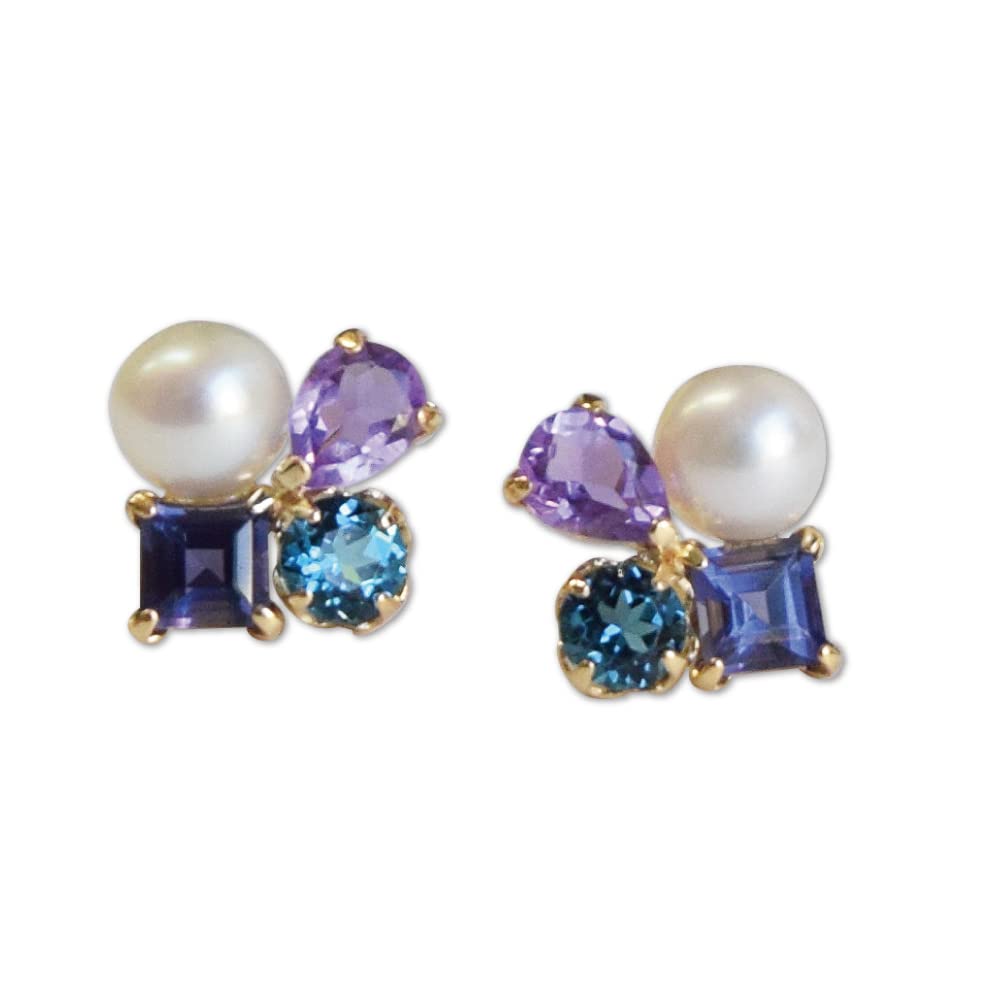 

10K gold freshwater London blue 10K yellow birthday Sa532 [Four-leaf clover] earrings, pearl, amethyst, topaz, iolite, gold, k10, women s, present синий