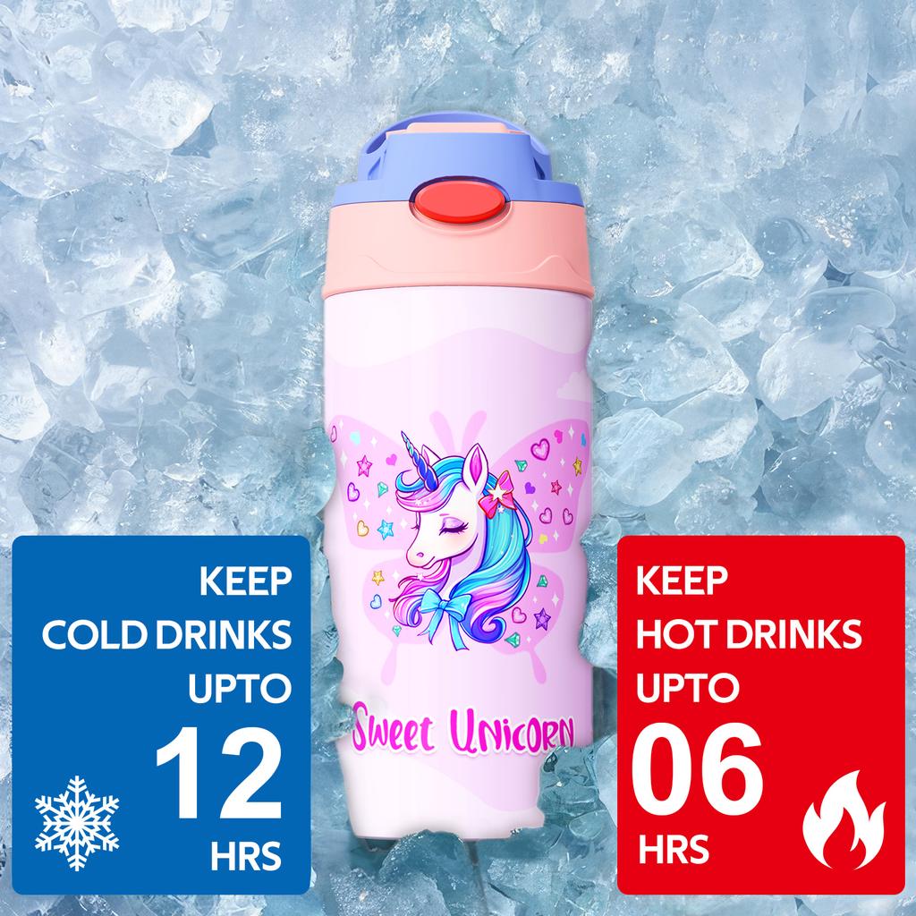 360ML Einhorn Kinder Wasserflasche Edelstahl Thermosflasche für Kinder Vakuumflaschen Thermobecher Kinderbecher mit Strohhalm