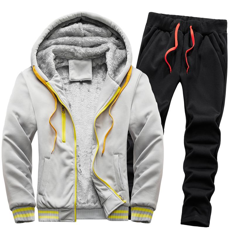 Autumn and Winter Men's Casual Plus Plush Thick Hooded Suit Men's Warm Hoodie Jacket Men's Casual Plus Plush Thick Two-piece Set