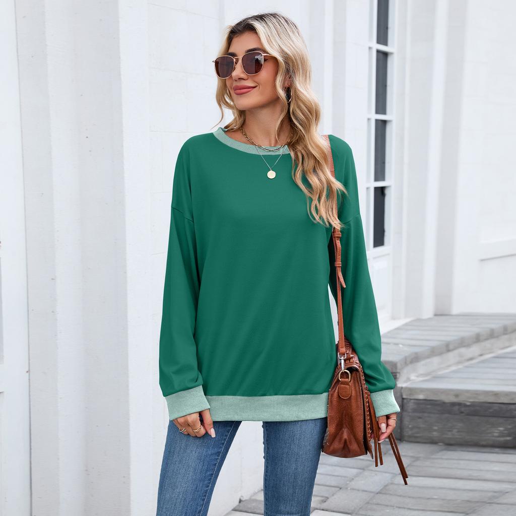 Women's Round Neck Loose Top Long Sleeved Color Blocked Ribbed Sweatshirt