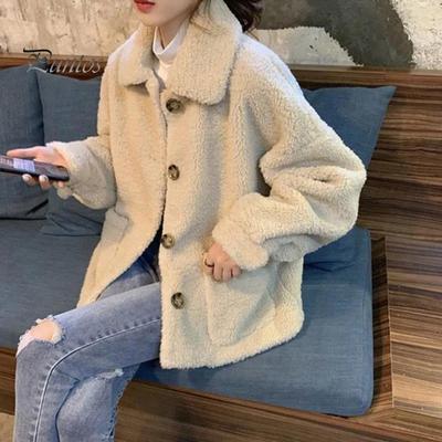 Lady Winter Coat Turn-down Collar with Pockets Thick Fleece Single-breasted Loose Solid Color Long Sleeves Daily Outdoor Jacket