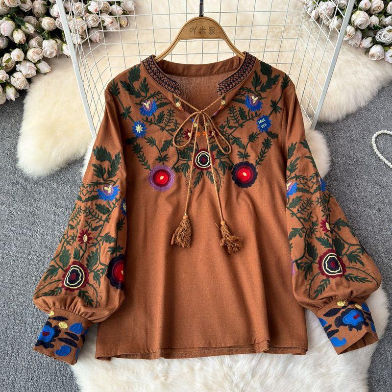 

2024 Spring and Autumn Retro Ethnic Style Long Sleeve round Neck Loose Slim Fit Embroider Pullover Shirt Women s Casual Coat Brown One size