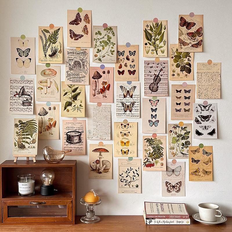 

30 Sheets Retro Art Wall Stickers Decoration Mushroom Butterfly Card Wall Stickers Vintage Nature Biologist Room Bedroom Decor