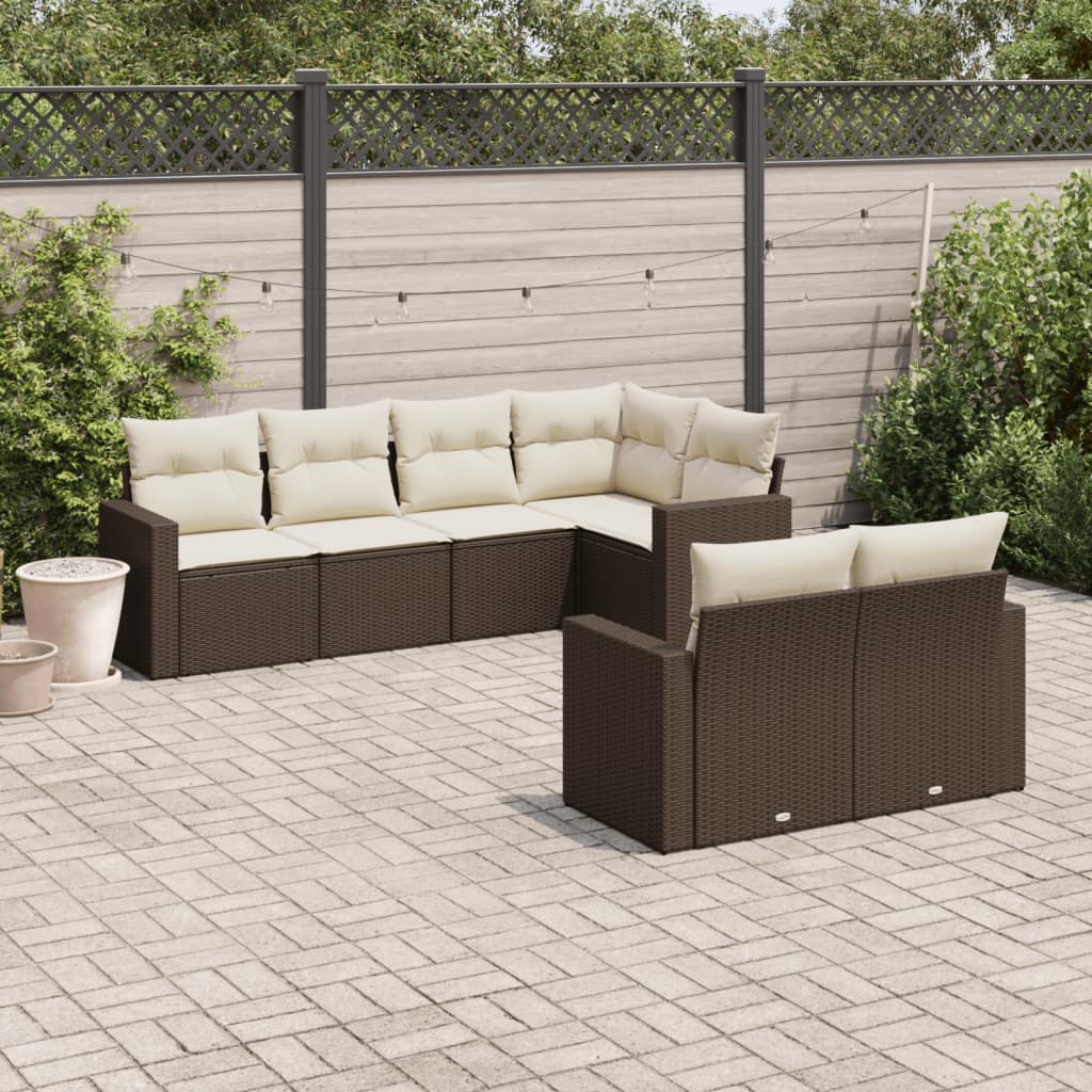 7 Piece Garden Sofa Set with Cushions Brown Poly Rattan