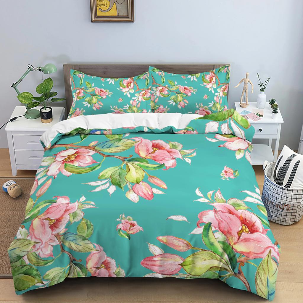 Flower Bedding Set Colorful Floral Duvet Cover Queen King Size Green Leaves Blossom Quilt Cover 2/3Pcs Polyester Comforter Cover