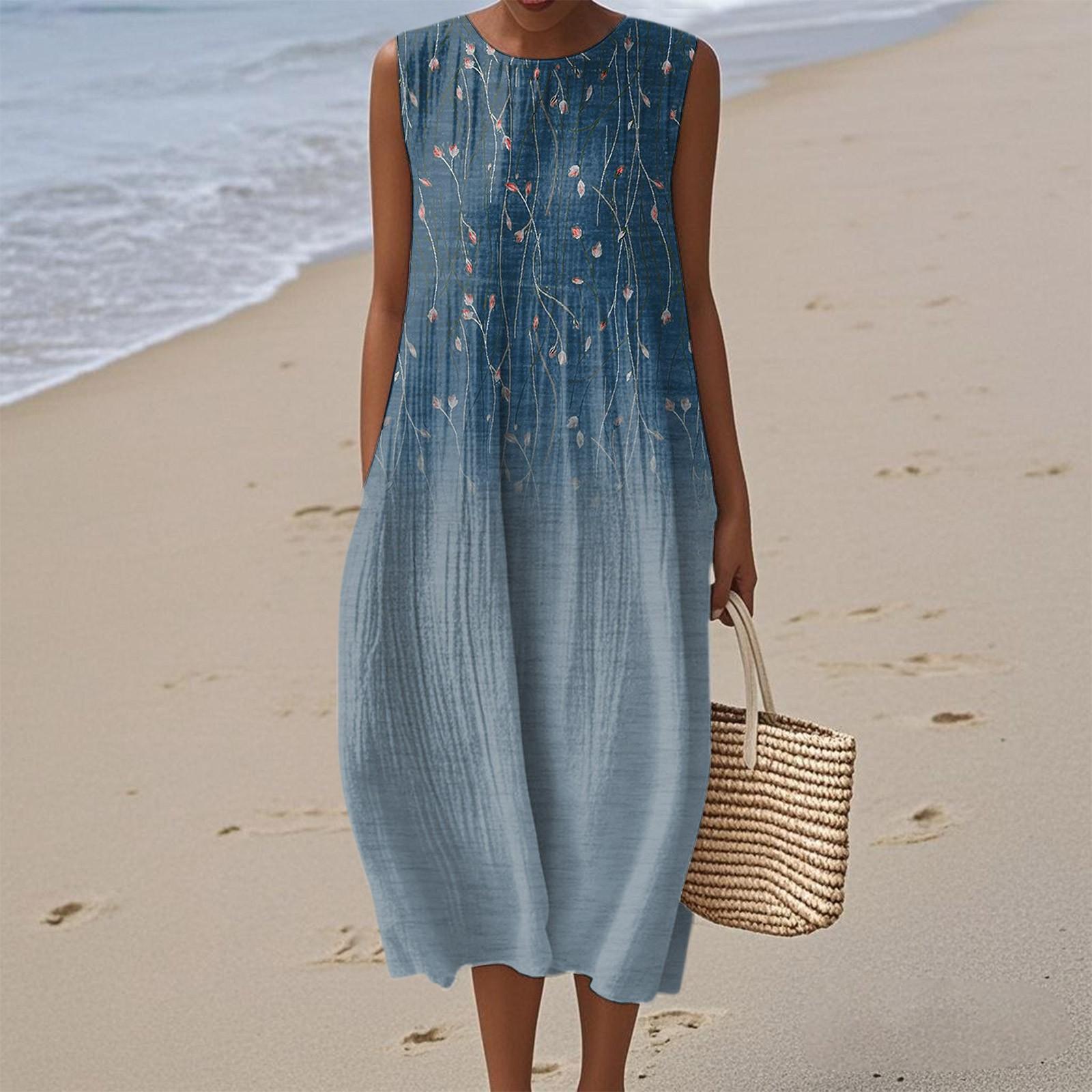 

Женское модное повседневное платье без рукавов с круглым вырезом и цветочным принтом, элегантное, темпераментное XXL синий