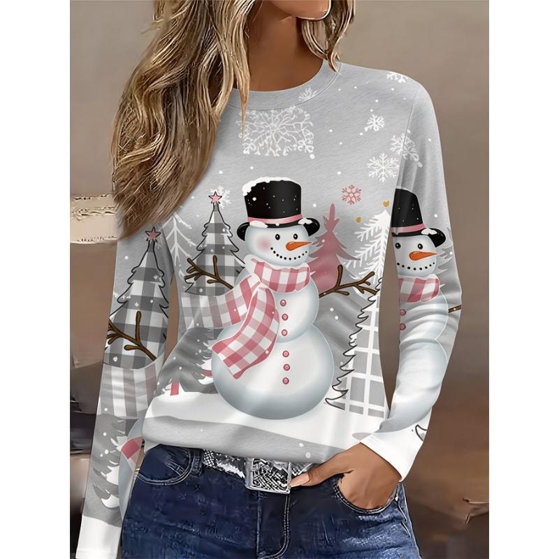 Women's T-Shirt, Pink, Snowman and Snowflake Print, Long Sleeve