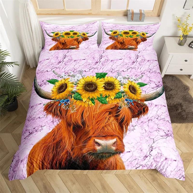 Hochlandrind Bettbezug Bulle Sonnenblume Kuh Bettwäscheset Queen Für Jungen Männer Mikrofaser Wildtiere Bauernhaus Tier Bettdeckenbezug