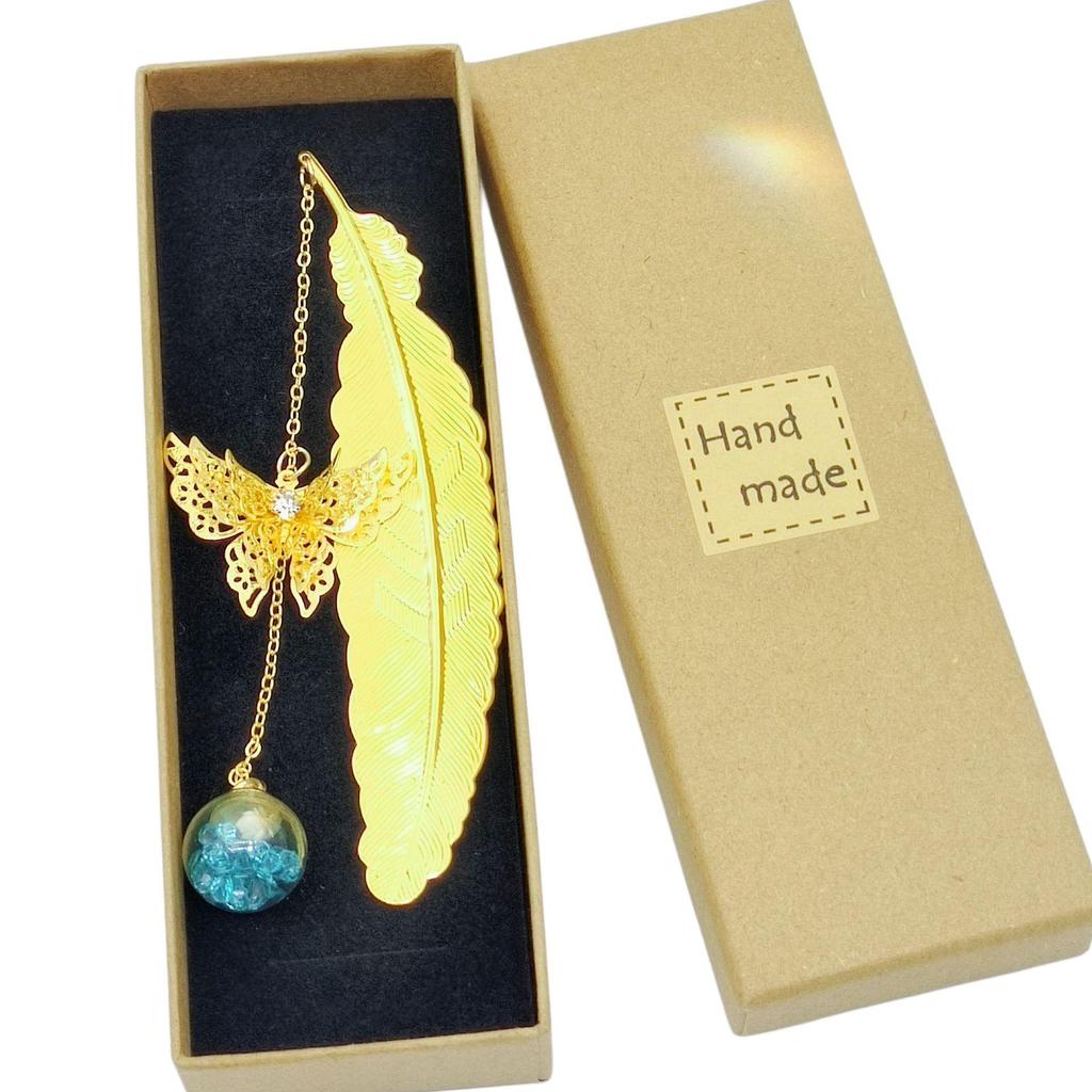 Chinese Style Dried Flower Bookmark with Feather, Metal Butterfly & Tassel - Ideal Teacher's Day Gift