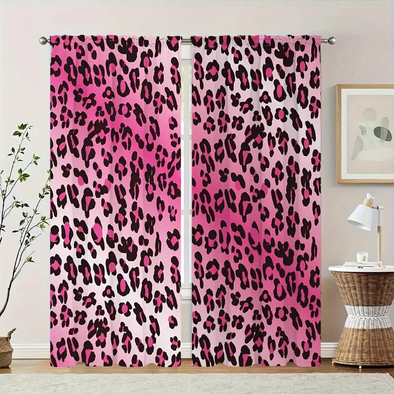 2PCS pink leopard print curtains with pole bag design   protecting privacy and suitable for various decorative scenes