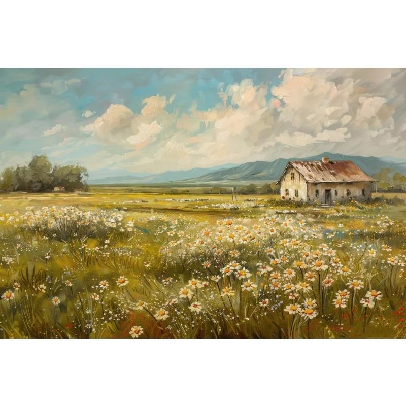 

Поле диких цветов Кот Воробей Фермерский дом Живопись Постеры и Принты Печать на холсте Деревенский Ретро Настенное искусство Картина для Домашнего Декора 21cm×30cm NoFrame