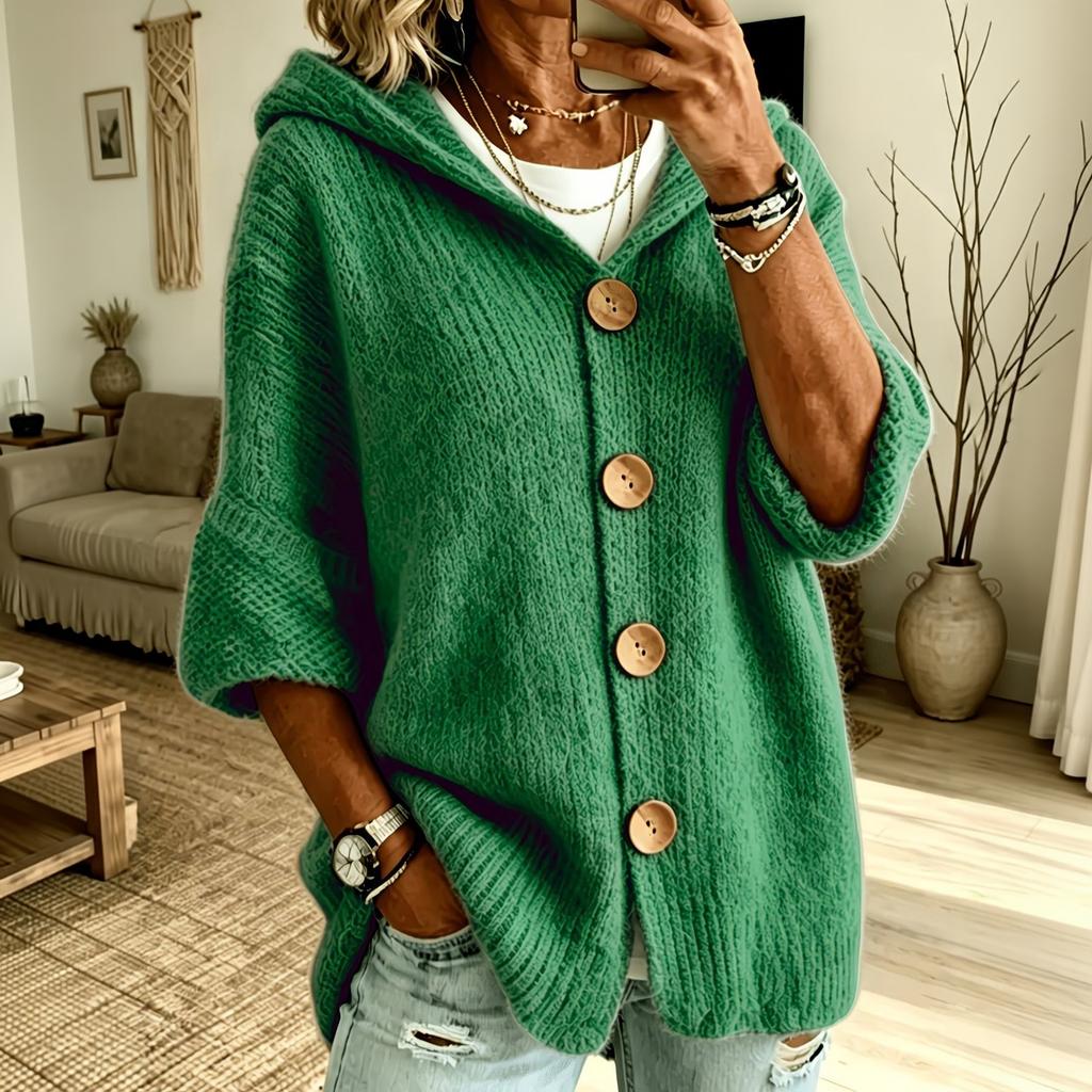 Damen Farbe Langarm Knopfleiste Kapuze Strickjacke Pullover für Herbst Winter