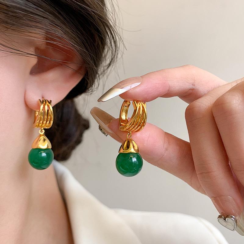 Chinese Retro Green Agate Jade Gold-Plated Earrings for Women