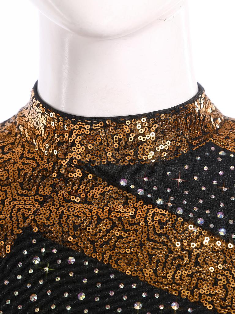 S-XXL Women Two-Piece Lyrical Dance Outfit Mock Neck Long Sleeve Cutout Back Sequins Rhinestones Crop Top with Side Split Sheer Chiffon Pants