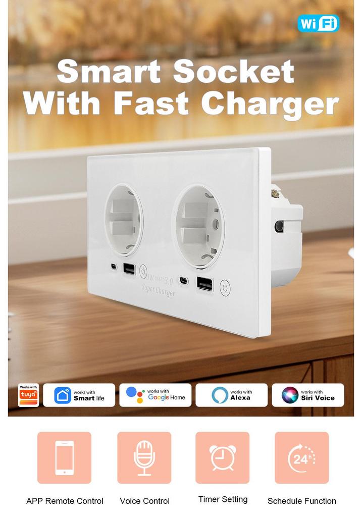 70W Smart Home EU WiFi Dual Socket with Fast USB Charging, Voice Control, Timer, and Power Monitoring