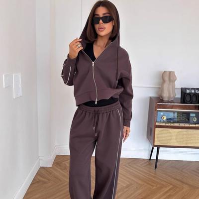 Casual European and American Suit Women's Long-sleeved Zipper Cardigan Casual Lace-up Pants Striped Decorative Two-piece Set