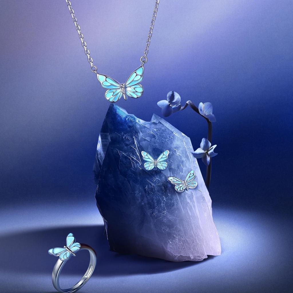 [FANCIME] Women's Necklace "Moonlight Butterfly" Purple Enamel Luminous Jewelry Set Silver Popular Women's Gift for Anniversaries, Birthdays, White Da