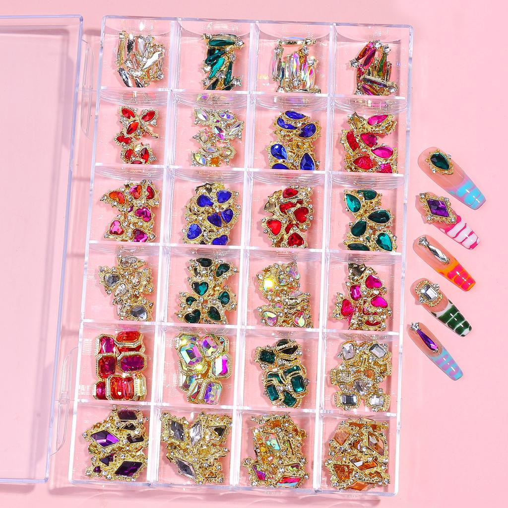 New +24 Grid Boxed Alloy Peach Heart Butterfly Shaped DIY Nail Art Fingertip Decoration Accessories+set