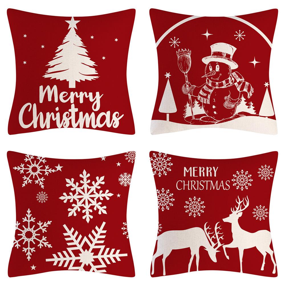 Red Series Snowflake Reindeer Pattern Throw Pillow Cover with Short Plush Print for Living Room Sofa Decoration Cushion Cover
