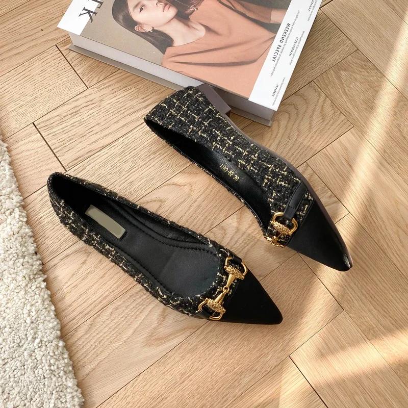 Fashion 2025 Spring and Autumn New Pointed Toe Single Shoes Shallow Mouth Slip-on Flats Metal Decoration Low-heeled Women's Shoes