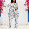 Women Plus Size Round Neck Long Sleeve Blue Orange Printed Layered Top Long Pants Two Piece Set