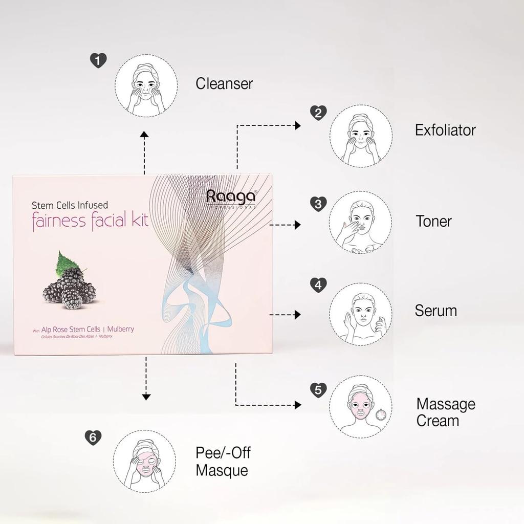 Raaga Professional Stem Cell Infused Fairness Facial Kit 61 G Home Spa Skin Brightening With Alp Rose Mulberry Extracts