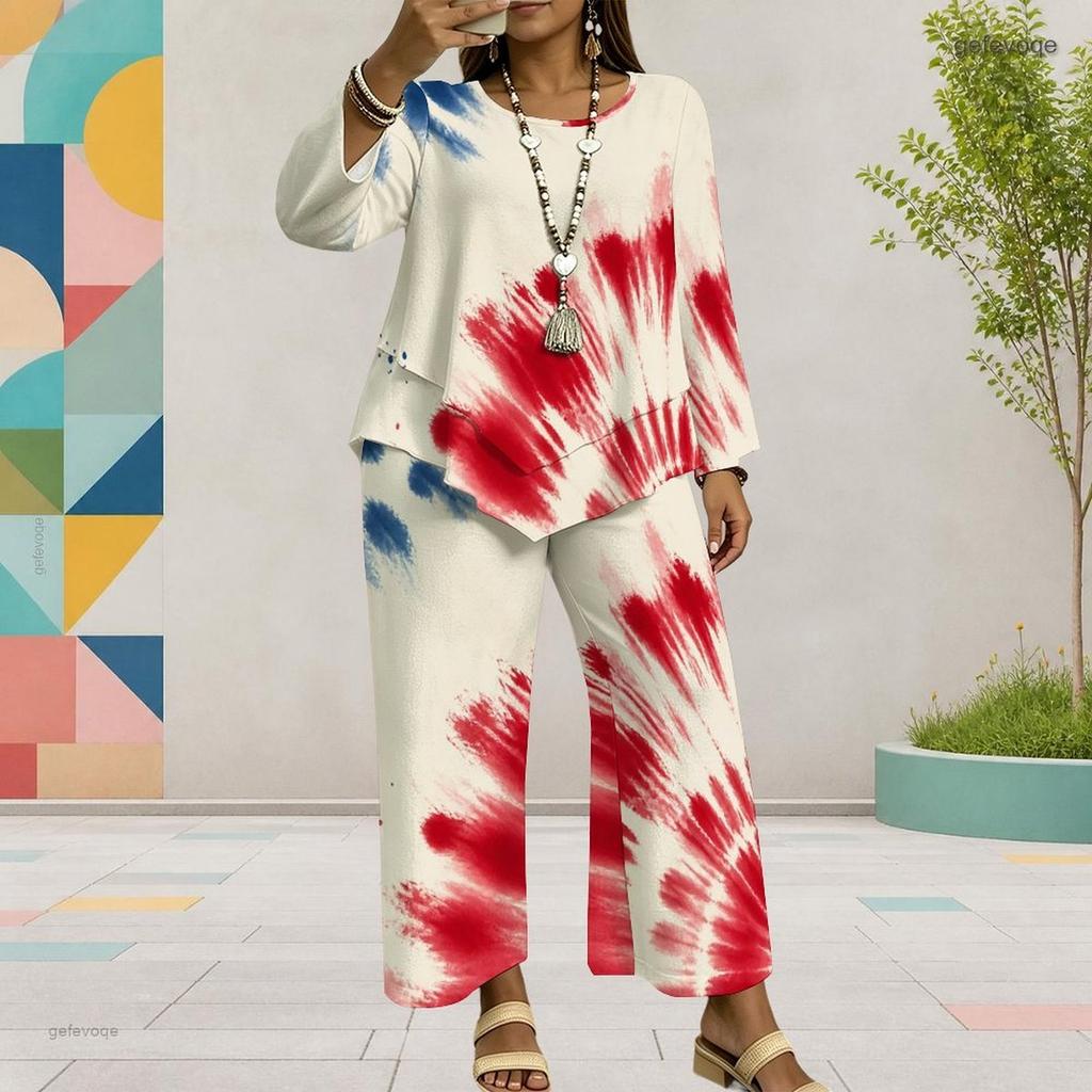 Women Plus Size Dark Navy Printed Two Piece Set Round Neck Long Sleeve Top Wide Leg Cropped Pants