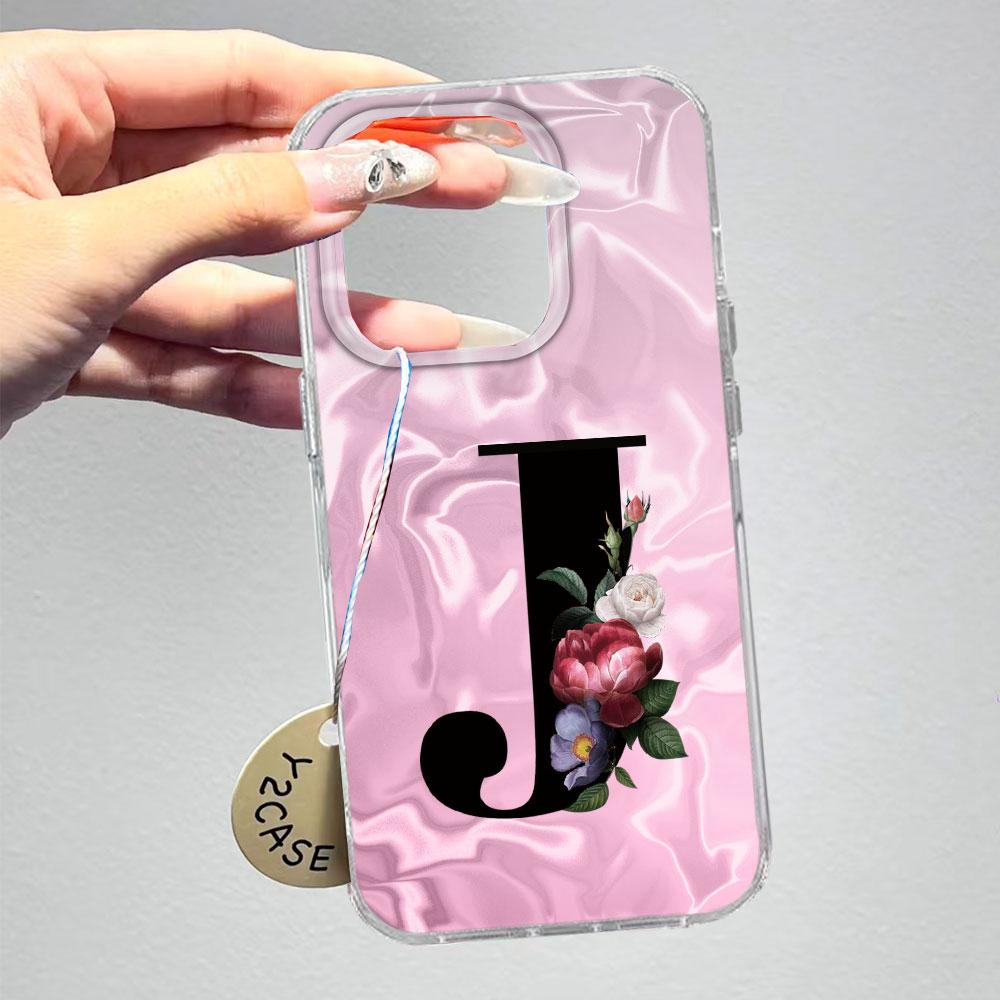 A-Z Black Letter Peony Flower Shockproof Phone Case For Samsung Galaxy A07 A17 A06 A16 A26 A36 A56 A12 A22 Shell Couple Cover