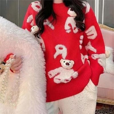 Letter Cartoon Three-dimensional Bear Sweater Women's Autumn and Winter Contrasting Colors Lazy Fashion Temperament Towel Embroidered Knitted Sweater