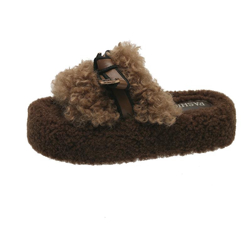 Fashion Short Plush Cotton Mop 2025 Autumn New Versatile Casual Fluffy Slippers Women's Outer Wear Muffin Thick Bottom One-word Mop